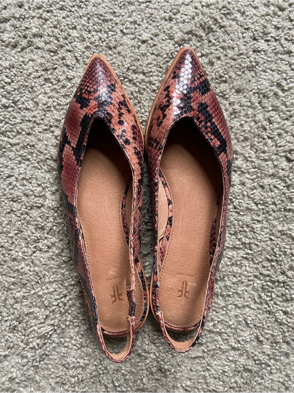 Frye Pointed Slingback Flats in Rust Snake Print